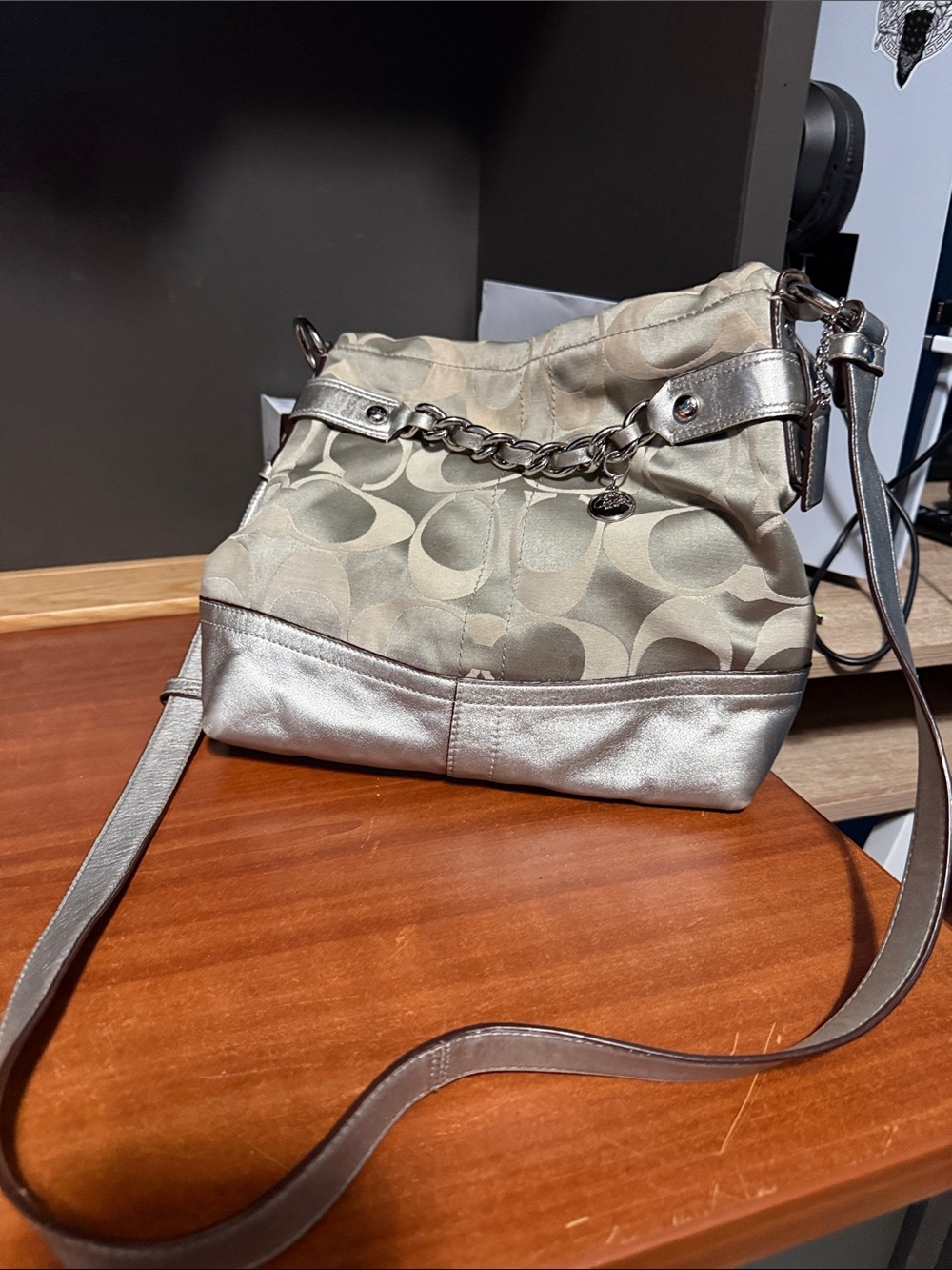 Coach Metallic Silver & Signature Jacquard Drawstring Shoulder Bag